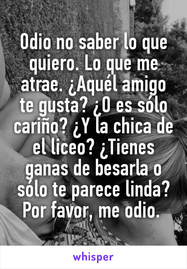 Odio no saber lo que quiero. Lo que me atrae. ¿Aquél amigo te gusta? ¿O es sólo cariño? ¿Y la chica de el liceo? ¿Tienes ganas de besarla o sólo te parece linda? Por favor, me odio. 