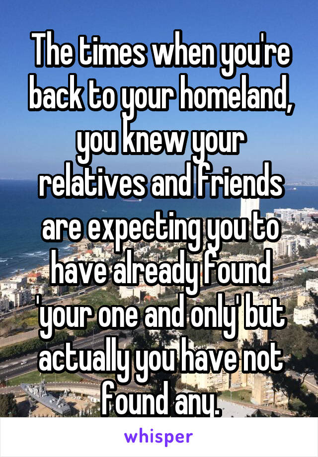 The times when you're back to your homeland, you knew your relatives and friends are expecting you to have already found 'your one and only' but actually you have not found any.