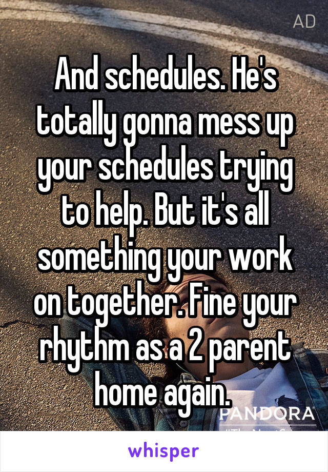 And schedules. He's totally gonna mess up your schedules trying to help. But it's all something your work on together. Fine your rhythm as a 2 parent home again. 