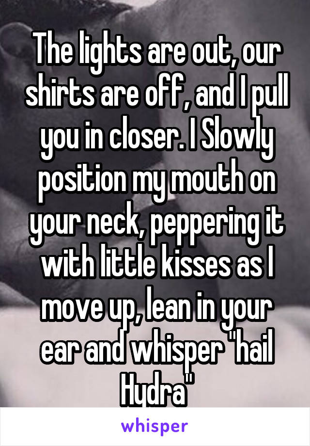 The lights are out, our shirts are off, and I pull you in closer. I Slowly position my mouth on your neck, peppering it with little kisses as I move up, lean in your ear and whisper "hail Hydra"