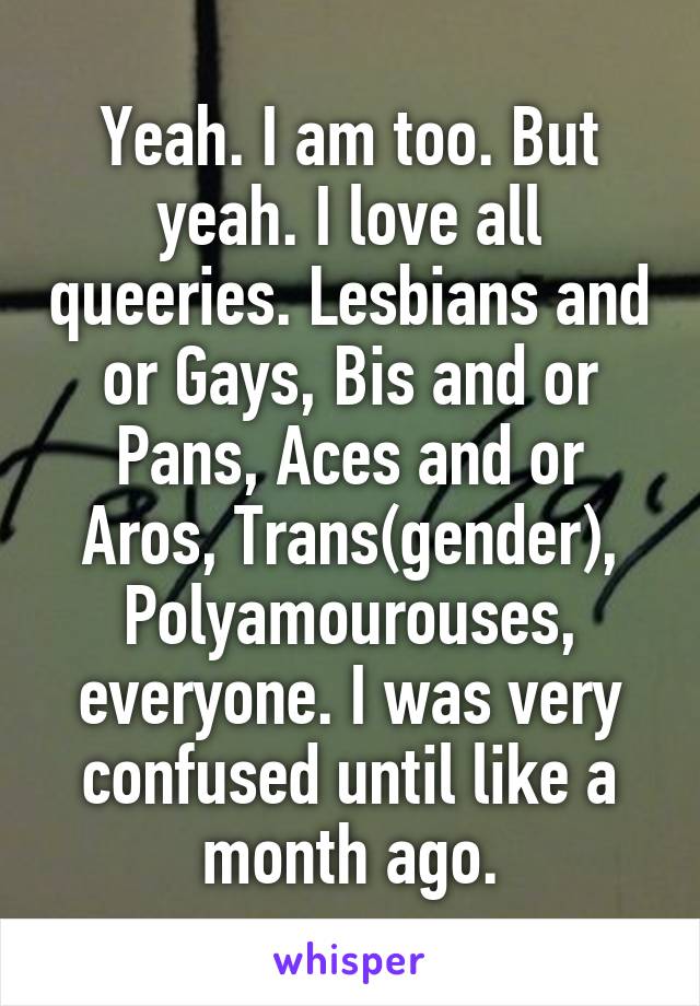 Yeah. I am too. But yeah. I love all queeries. Lesbians and or Gays, Bis and or Pans, Aces and or Aros, Trans(gender), Polyamourouses, everyone. I was very confused until like a month ago.