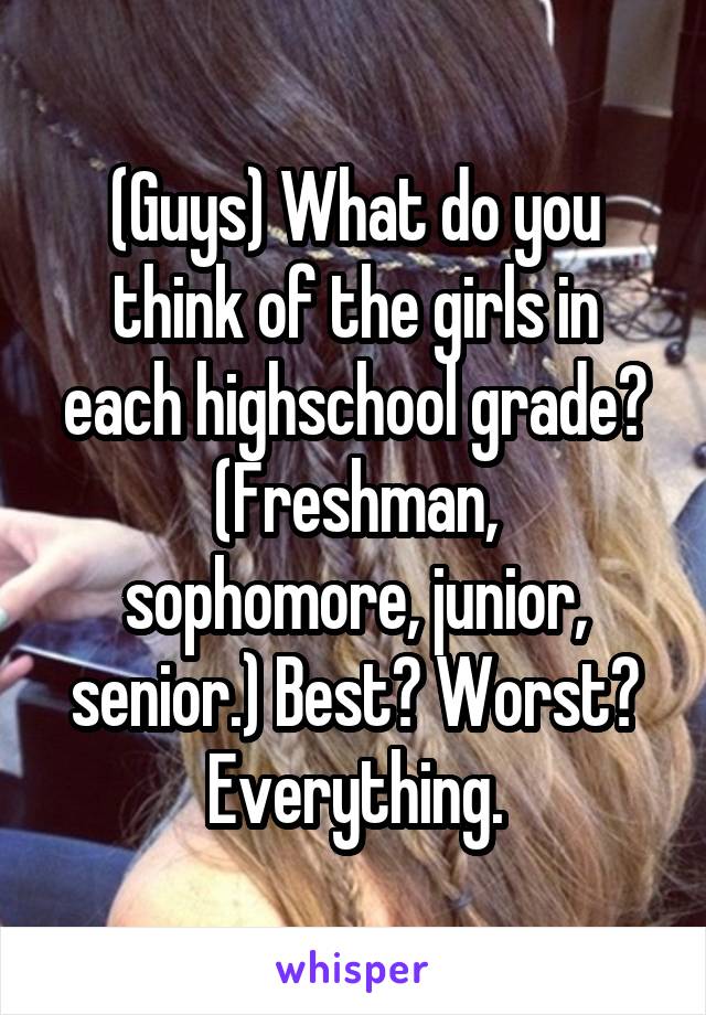 (Guys) What do you think of the girls in each highschool grade?
(Freshman, sophomore, junior, senior.) Best? Worst? Everything.