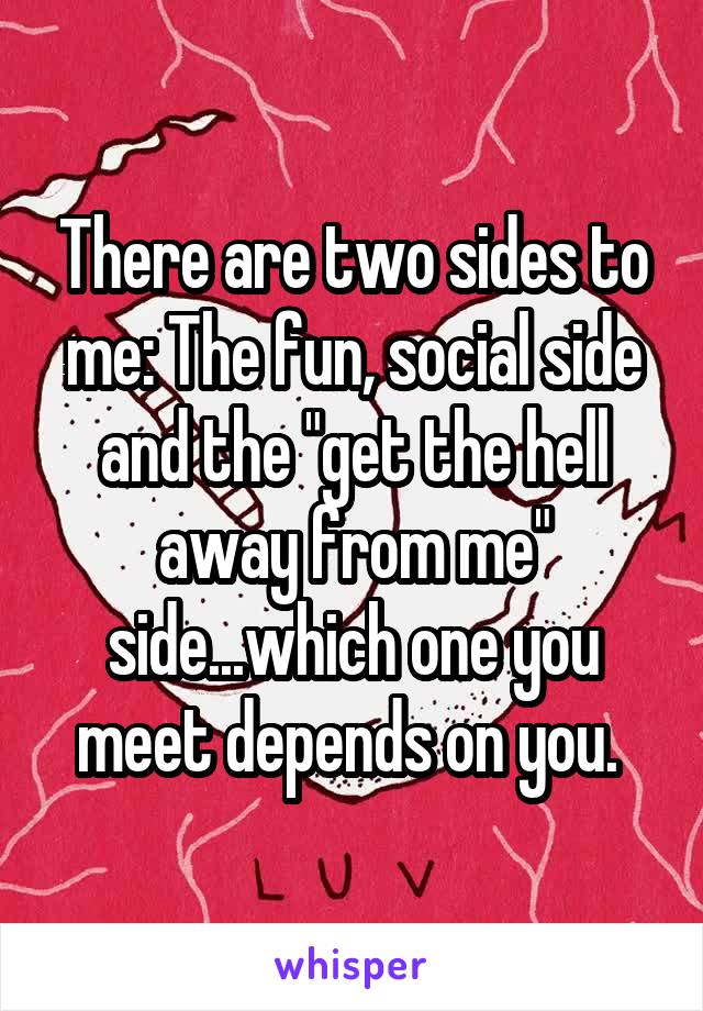 There are two sides to me: The fun, social side and the "get the hell away from me" side...which one you meet depends on you. 