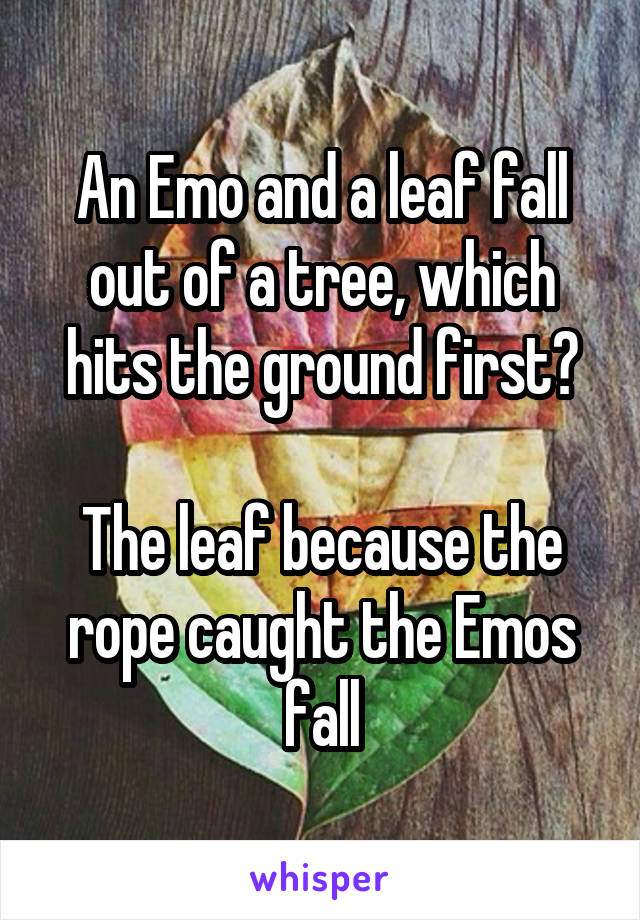 An Emo and a leaf fall out of a tree, which hits the ground first?

The leaf because the rope caught the Emos fall