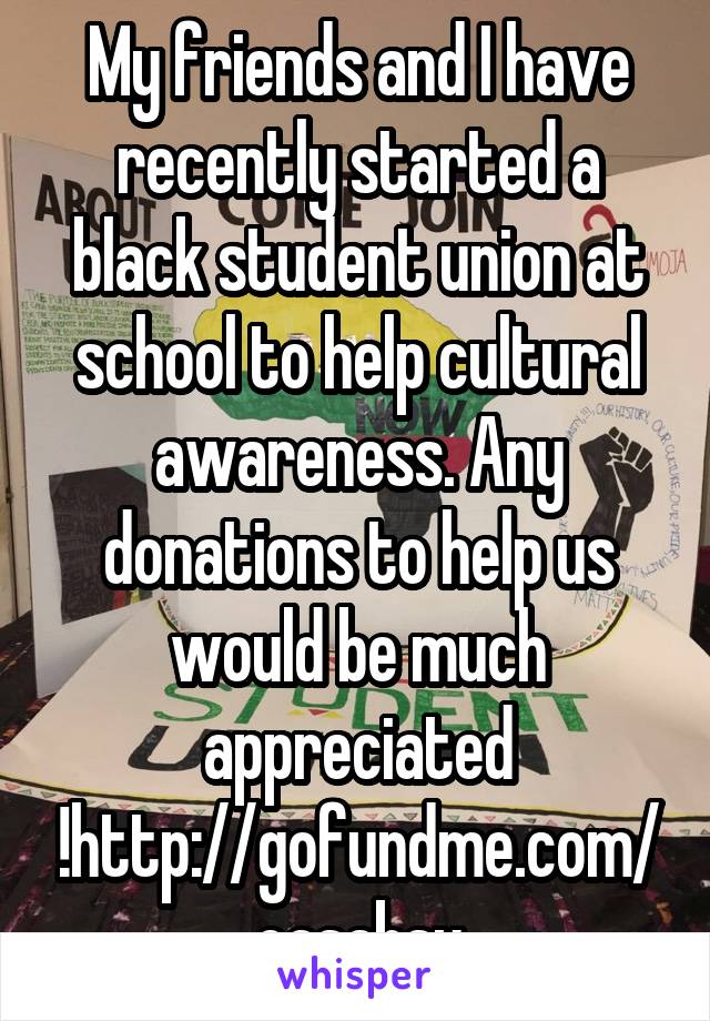 My friends and I have recently started a black student union at school to help cultural awareness. Any donations to help us would be much appreciated !http://gofundme.com/casabsu