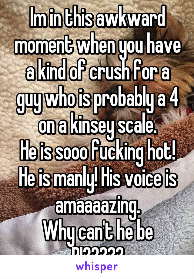 Im in this awkward moment when you have a kind of crush for a guy who is probably a 4 on a kinsey scale.
He is sooo fucking hot! He is manly! His voice is amaaaazing.
Why can't he be BI?????