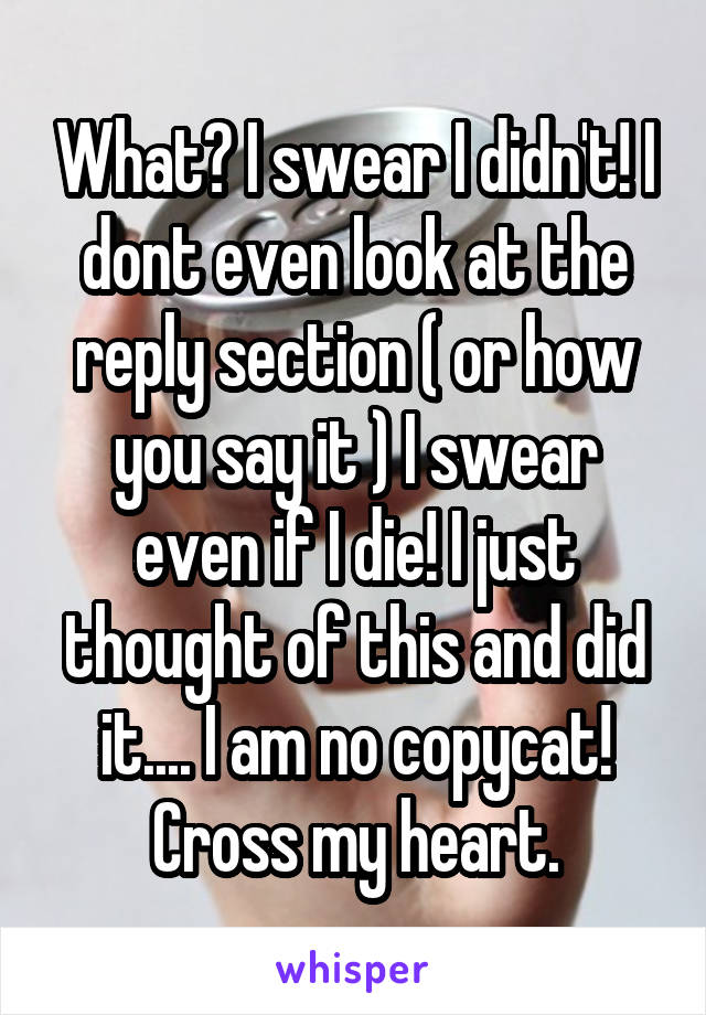 What? I swear I didn't! I dont even look at the reply section ( or how you say it ) I swear even if I die! I just thought of this and did it.... I am no copycat! Cross my heart.