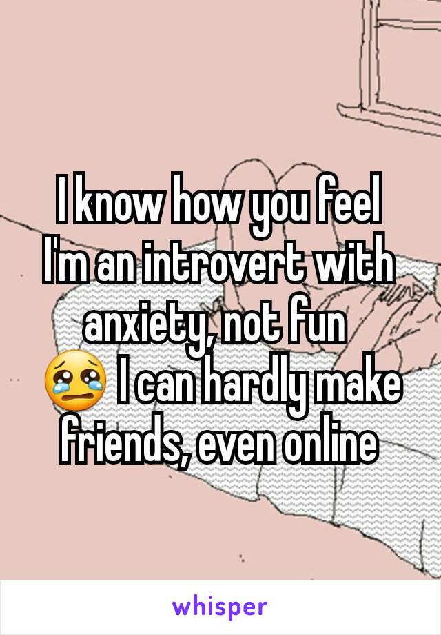 I know how you feel
I'm an introvert with anxiety, not fun 
😢 I can hardly make friends, even online