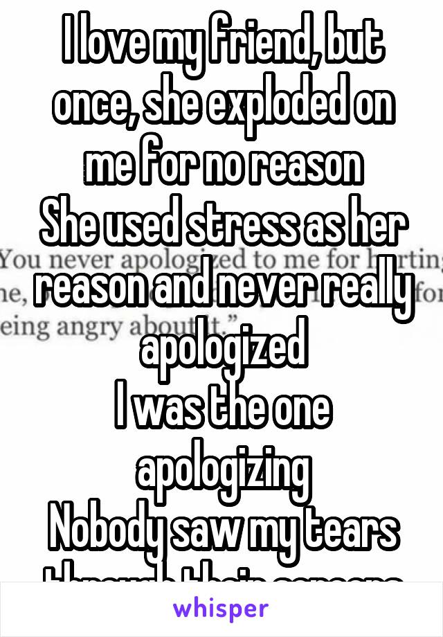 I love my friend, but once, she exploded on me for no reason
She used stress as her reason and never really apologized
I was the one apologizing
Nobody saw my tears through their screens