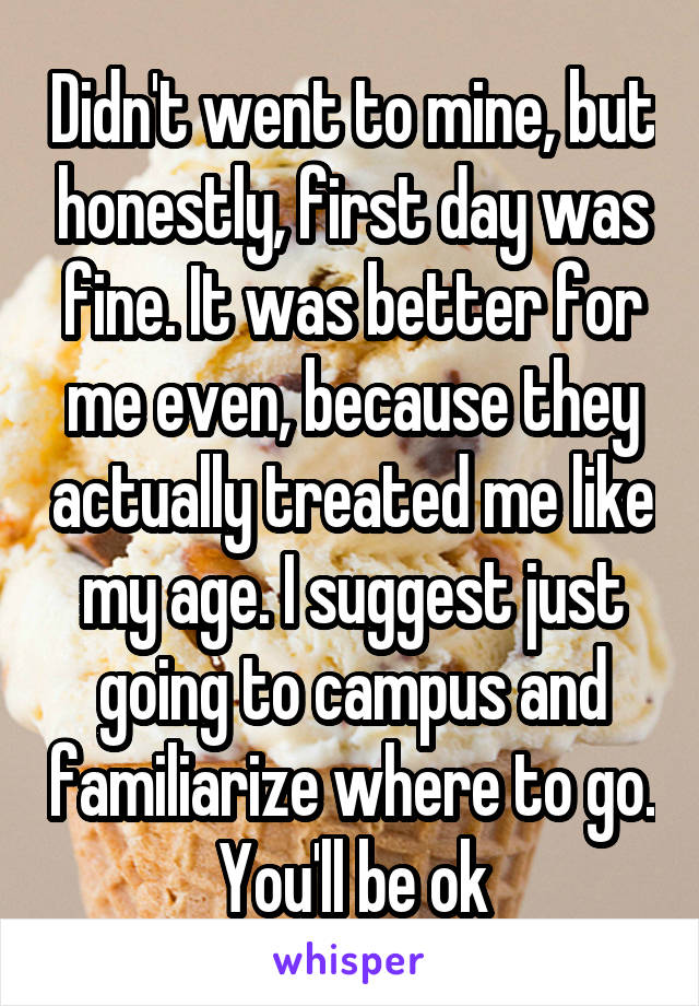 Didn't went to mine, but honestly, first day was fine. It was better for me even, because they actually treated me like my age. I suggest just going to campus and familiarize where to go. You'll be ok