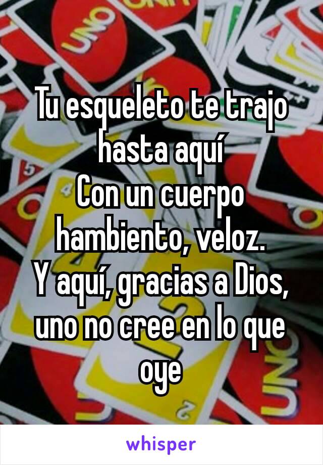 Tu esqueleto te trajo hasta aquí
Con un cuerpo hambiento, veloz.
Y aquí, gracias a Dios, uno no cree en lo que oye