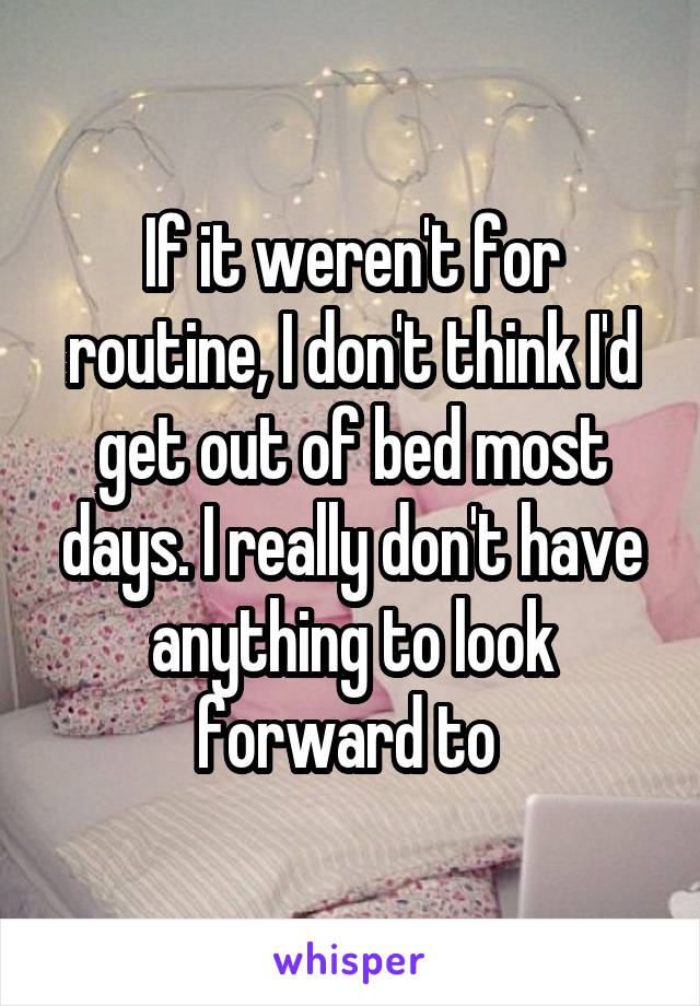 If it weren't for routine, I don't think I'd get out of bed most days. I really don't have anything to look forward to 