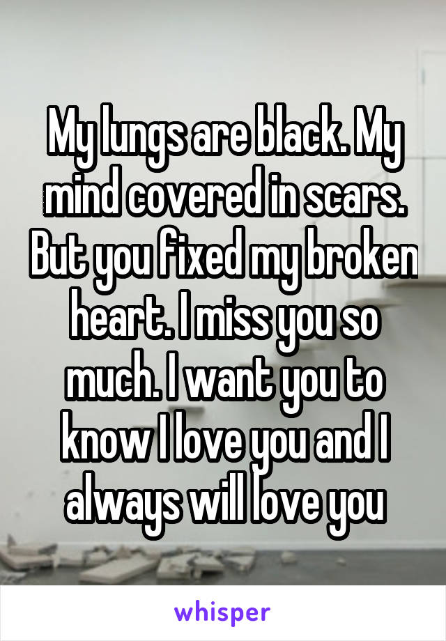 My lungs are black. My mind covered in scars. But you fixed my broken heart. I miss you so much. I want you to know I love you and I always will love you