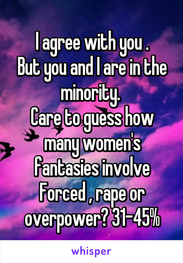 I agree with you .
But you and I are in the minority. 
Care to guess how many women's fantasies involve
Forced , rape or overpower? 31-45%