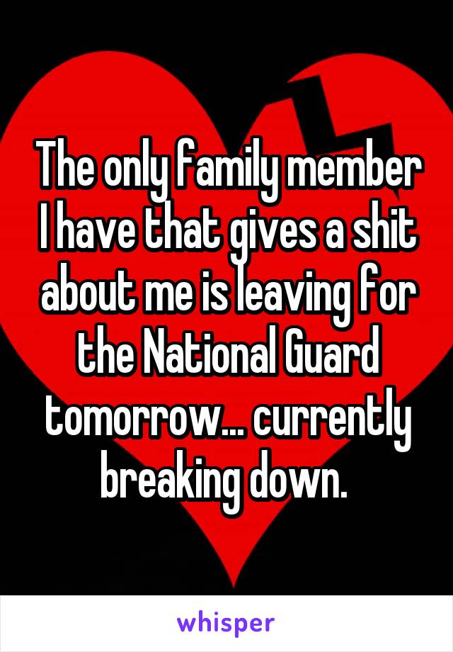 The only family member I have that gives a shit about me is leaving for the National Guard tomorrow... currently breaking down. 