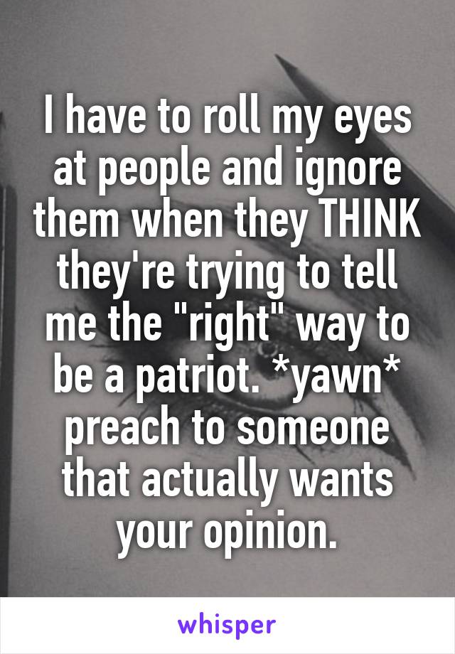 I have to roll my eyes at people and ignore them when they THINK they're trying to tell me the "right" way to be a patriot. *yawn* preach to someone that actually wants your opinion.