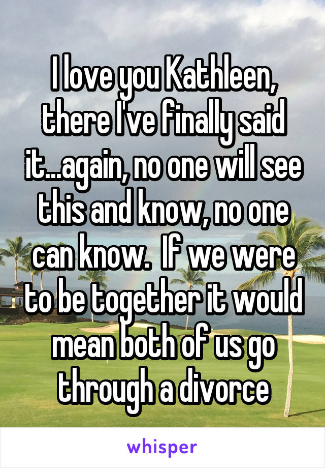 I love you Kathleen, there I've finally said it...again, no one will see this and know, no one can know.  If we were to be together it would mean both of us go through a divorce