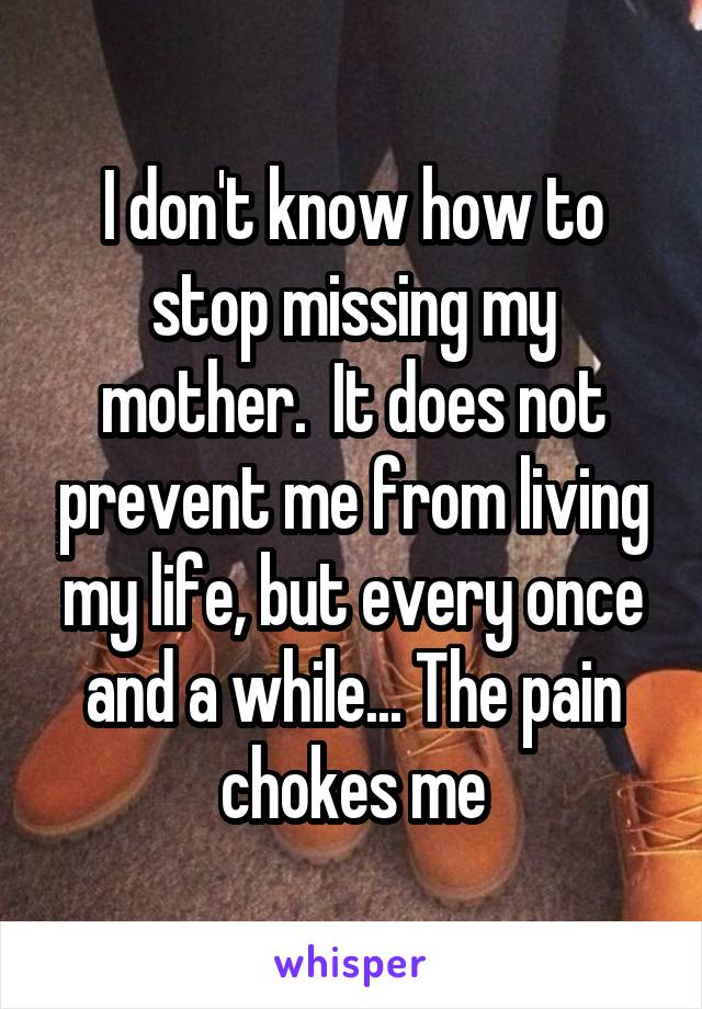 I don't know how to stop missing my mother.  It does not prevent me from living my life, but every once and a while... The pain chokes me