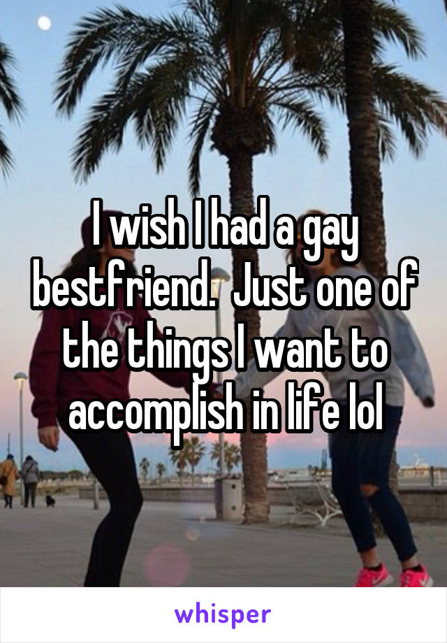 I wish I had a gay bestfriend.  Just one of the things I want to accomplish in life lol