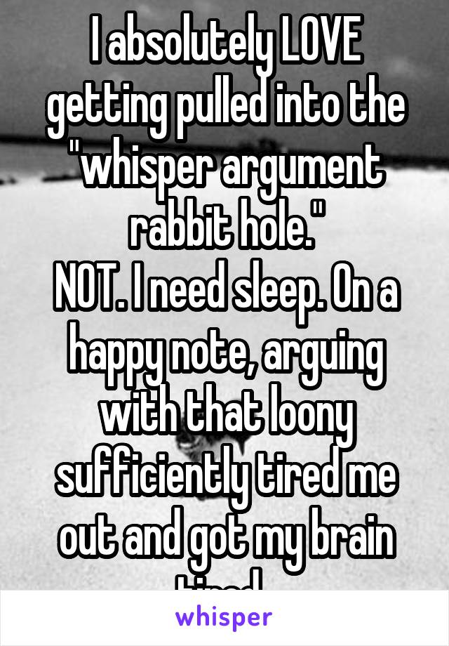 I absolutely LOVE getting pulled into the "whisper argument rabbit hole."
NOT. I need sleep. On a happy note, arguing with that loony sufficiently tired me out and got my brain tired. 