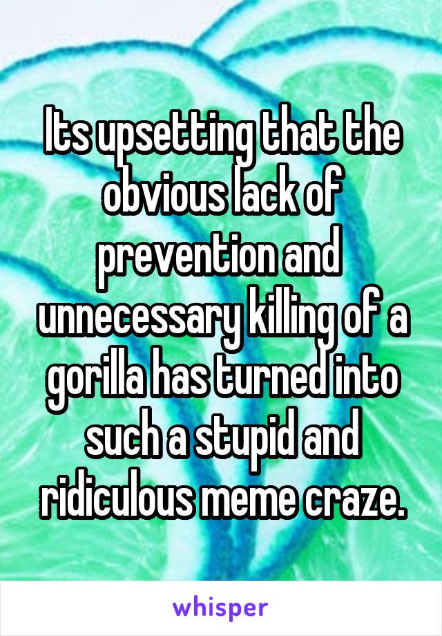 Its upsetting that the obvious lack of prevention and  unnecessary killing of a gorilla has turned into such a stupid and ridiculous meme craze.