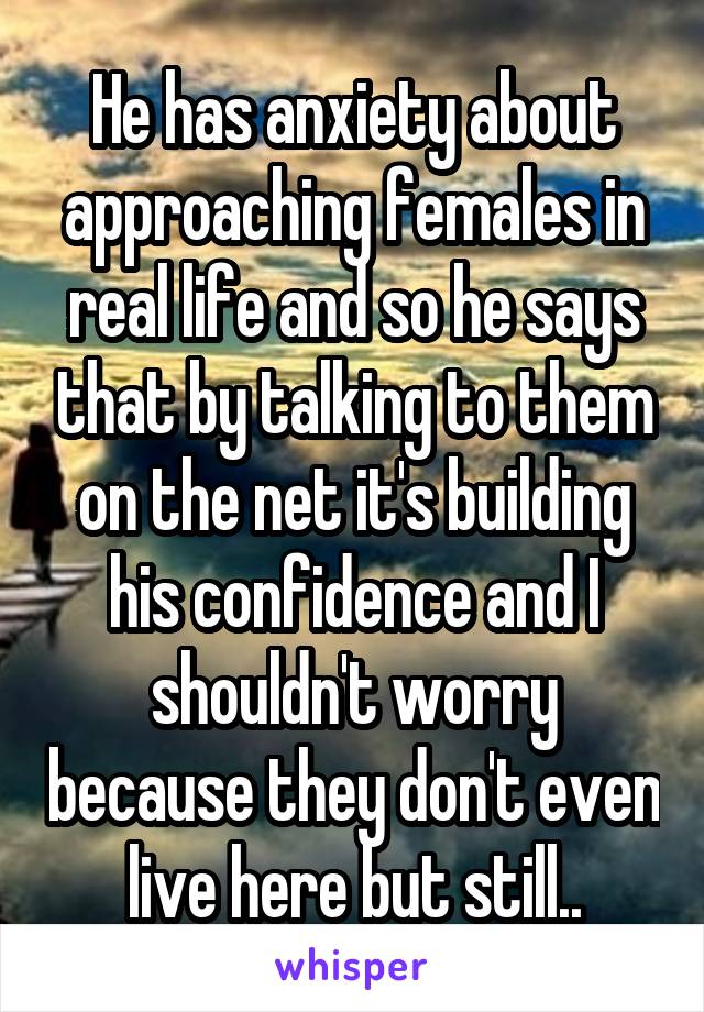 He has anxiety about approaching females in real life and so he says that by talking to them on the net it's building his confidence and I shouldn't worry because they don't even live here but still..