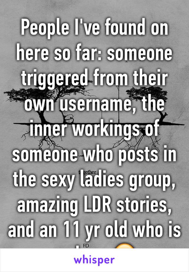 People I've found on here so far: someone triggered from their own username, the inner workings of someone who posts in the sexy ladies group, amazing LDR stories, and an 11 yr old who is on here 😂