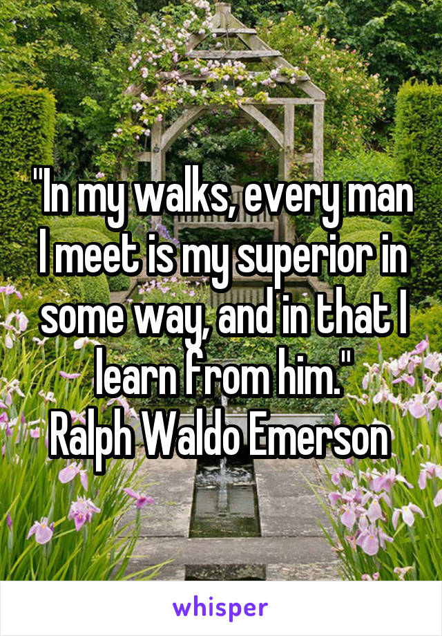 "In my walks, every man I meet is my superior in some way, and in that I learn from him."
Ralph Waldo Emerson 