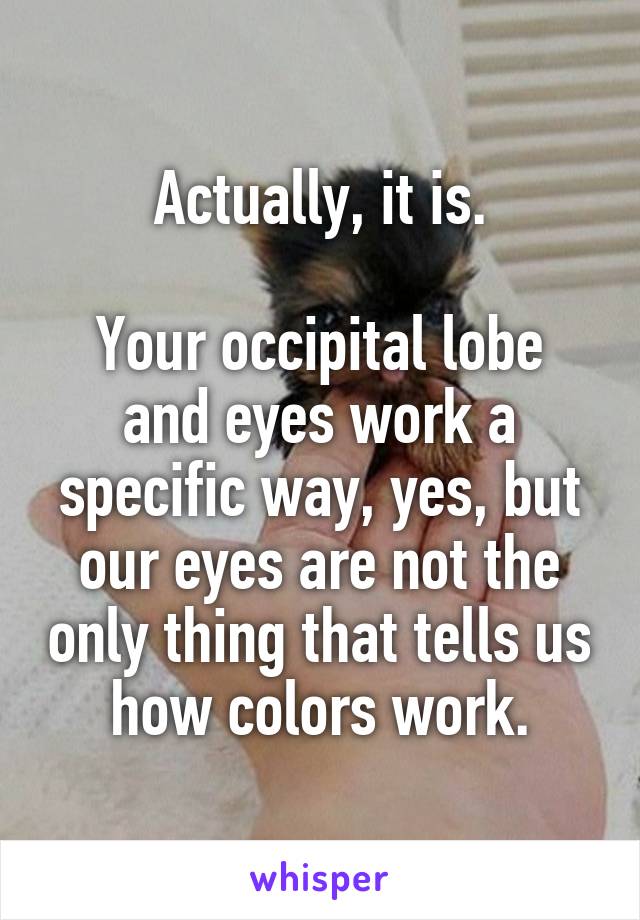 Actually, it is.

Your occipital lobe and eyes work a specific way, yes, but our eyes are not the only thing that tells us how colors work.