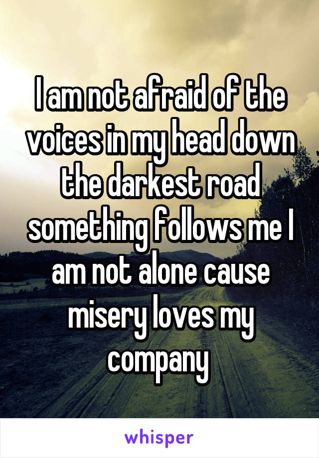 I am not afraid of the voices in my head down the darkest road something follows me I am not alone cause misery loves my company 