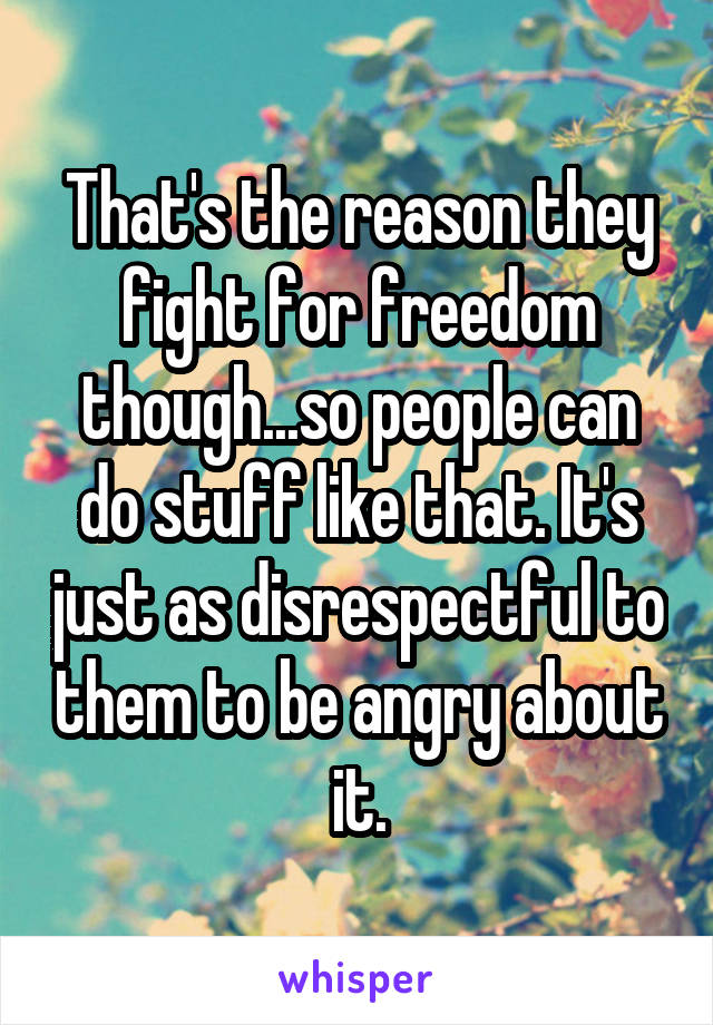 That's the reason they fight for freedom though...so people can do stuff like that. It's just as disrespectful to them to be angry about it.