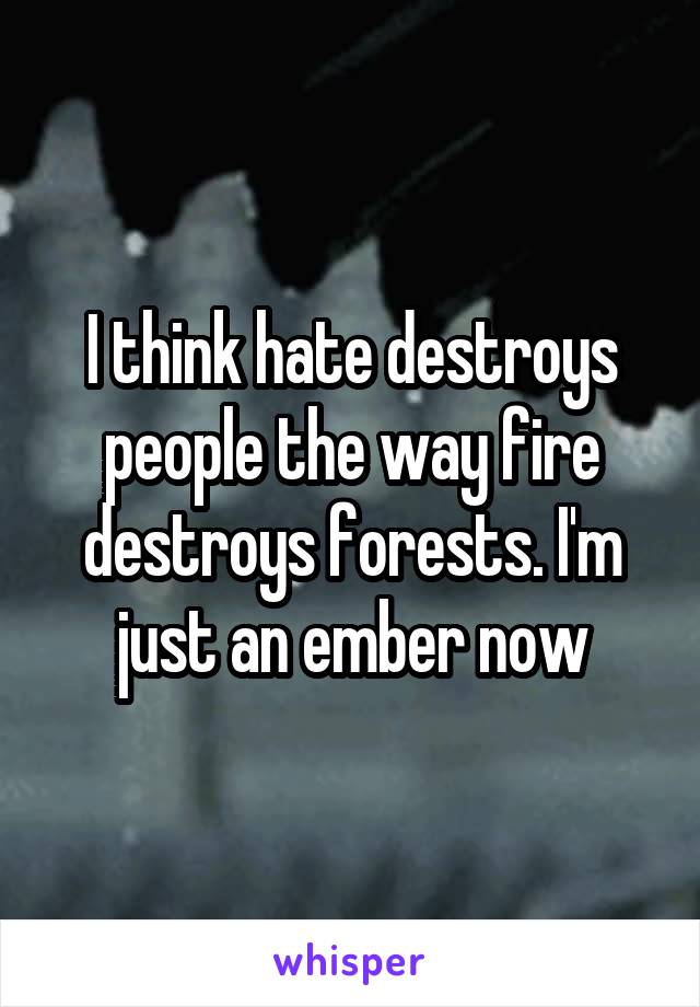 I think hate destroys people the way fire destroys forests. I'm just an ember now