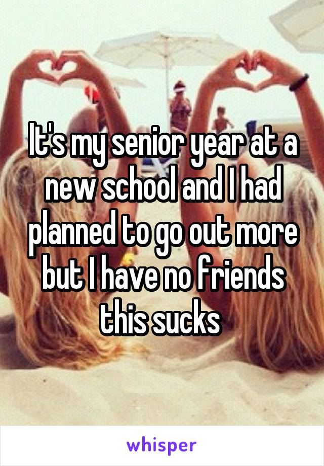 It's my senior year at a new school and I had planned to go out more but I have no friends this sucks 