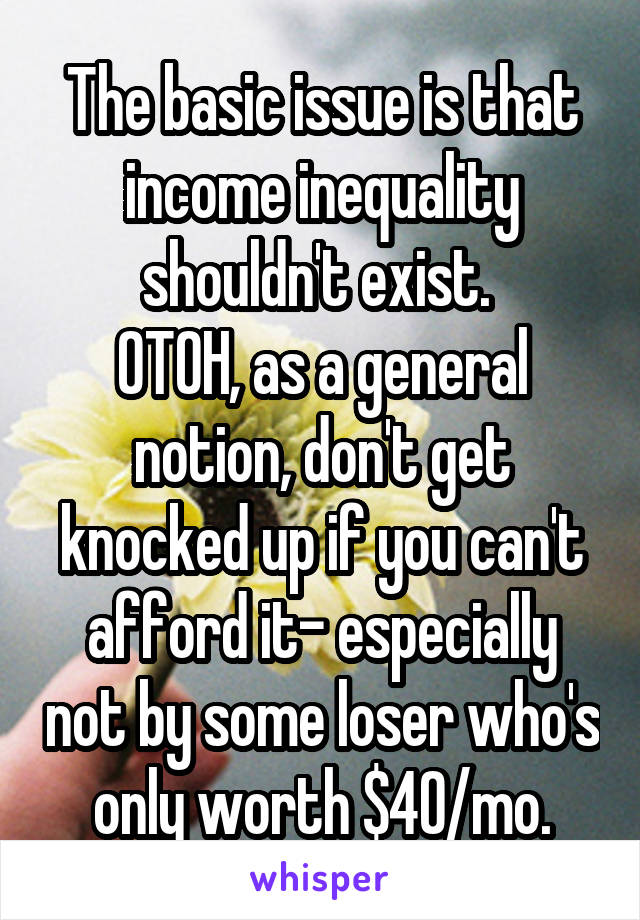 The basic issue is that income inequality shouldn't exist. 
OTOH, as a general notion, don't get knocked up if you can't afford it- especially not by some loser who's only worth $40/mo.