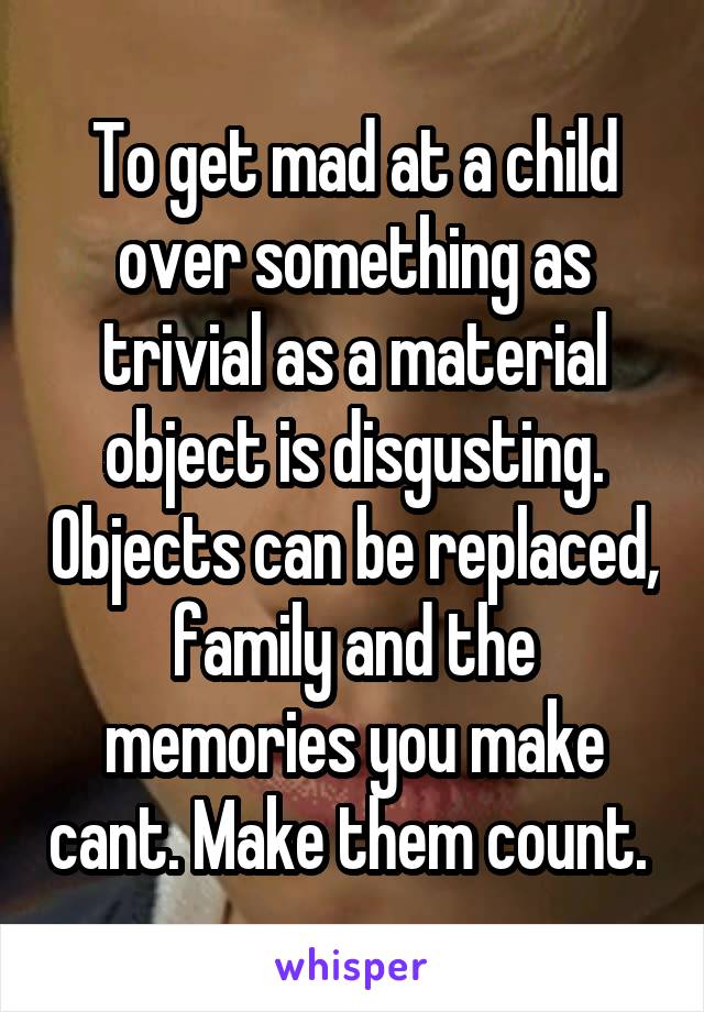 To get mad at a child over something as trivial as a material object is disgusting. Objects can be replaced, family and the memories you make cant. Make them count. 