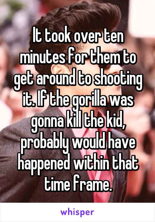 It took over ten minutes for them to get around to shooting it. If the gorilla was gonna kill the kid, probably would have happened within that time frame.