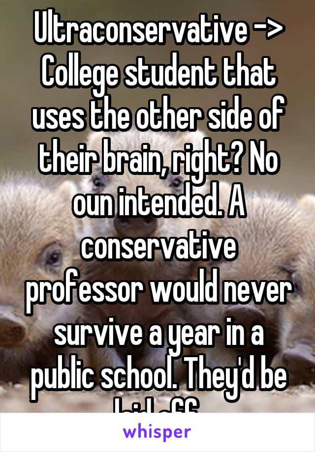 Ultraconservative -> College student that uses the other side of their brain, right? No oun intended. A conservative professor would never survive a year in a public school. They'd be laid off.