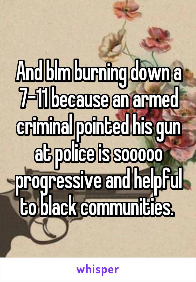 And blm burning down a 7-11 because an armed criminal pointed his gun at police is sooooo progressive and helpful to black communities. 