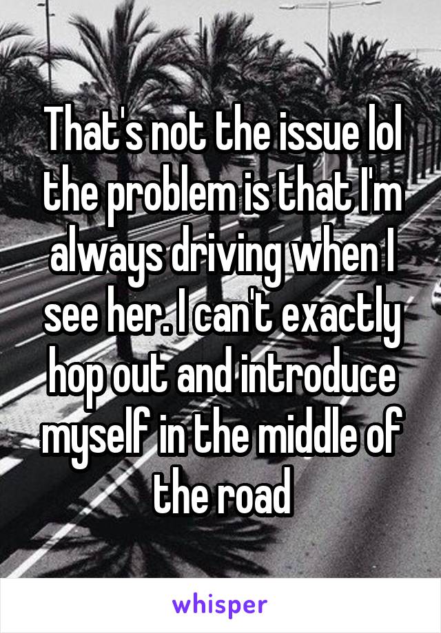 That's not the issue lol the problem is that I'm always driving when I see her. I can't exactly hop out and introduce myself in the middle of the road