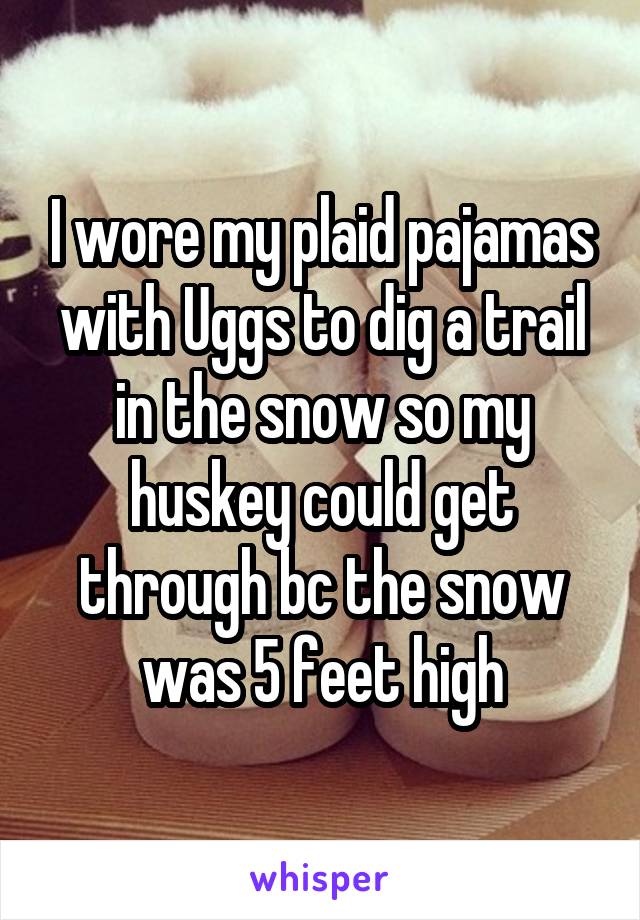 I wore my plaid pajamas with Uggs to dig a trail in the snow so my huskey could get through bc the snow was 5 feet high