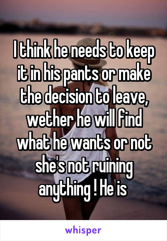 I think he needs to keep it in his pants or make the decision to leave, wether he will find what he wants or not she's not ruining anything ! He is 