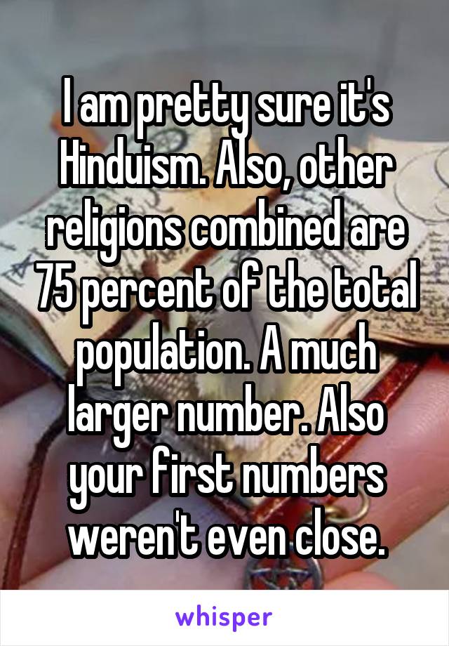 I am pretty sure it's Hinduism. Also, other religions combined are 75 percent of the total population. A much larger number. Also your first numbers weren't even close.