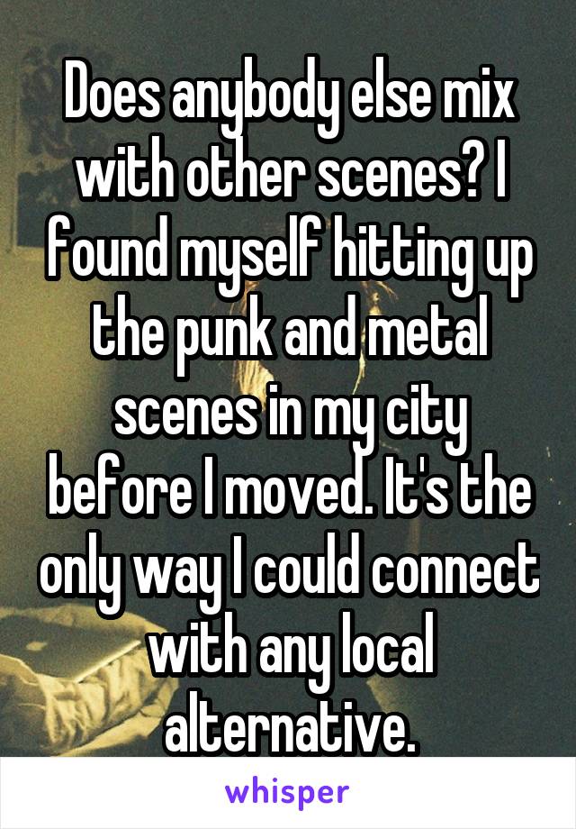 Does anybody else mix with other scenes? I found myself hitting up the punk and metal scenes in my city before I moved. It's the only way I could connect with any local alternative.
