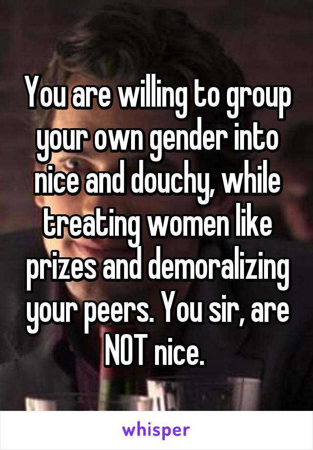 You are willing to group your own gender into nice and douchy, while treating women like prizes and demoralizing your peers. You sir, are NOT nice. 