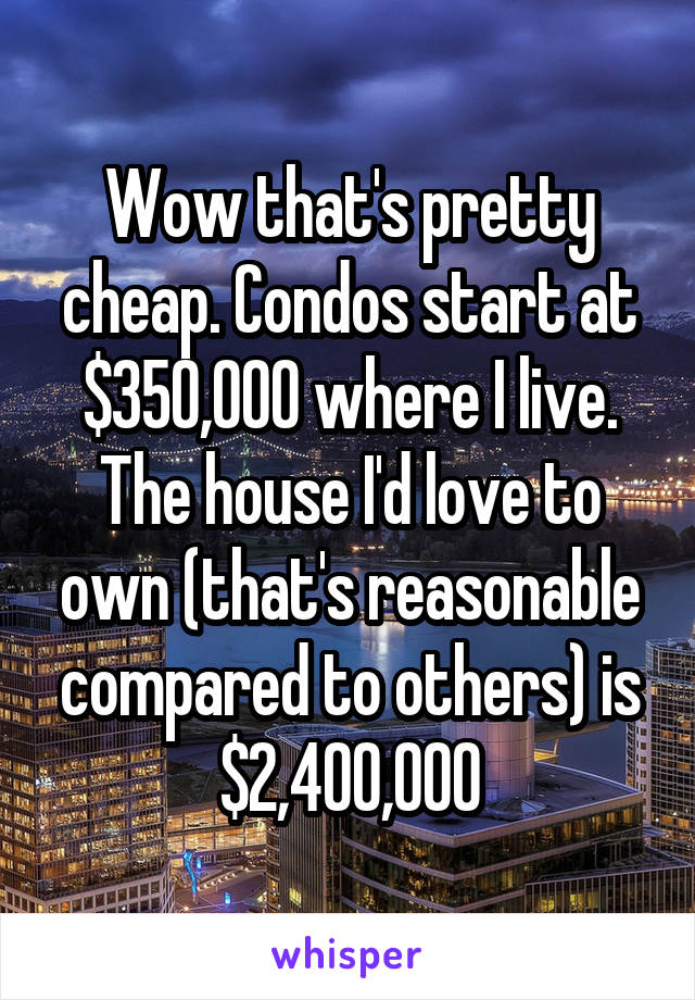 Wow that's pretty cheap. Condos start at $350,000 where I live.
The house I'd love to own (that's reasonable compared to others) is $2,400,000