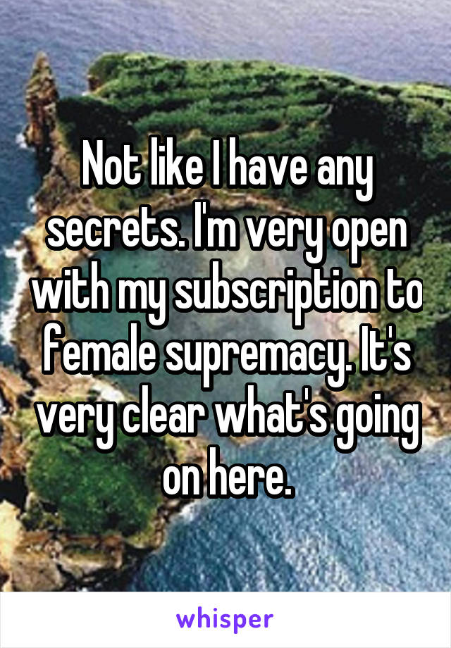 Not like I have any secrets. I'm very open with my subscription to female supremacy. It's very clear what's going on here.