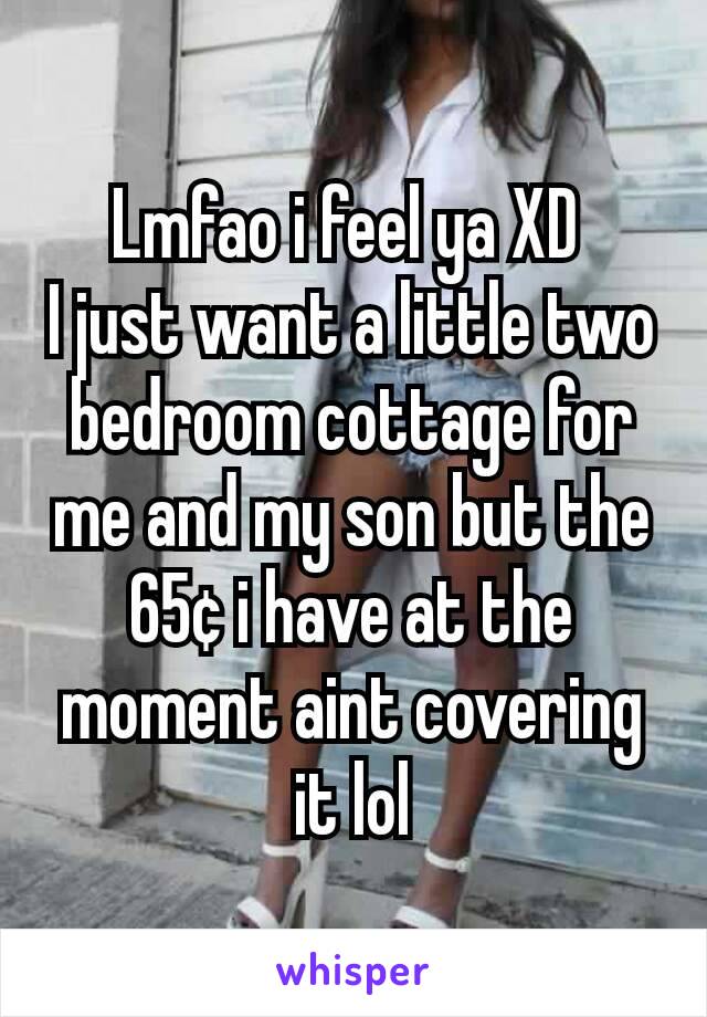 Lmfao i feel ya XD 
I just want a little two bedroom cottage for me and my son but the 65¢ i have at the moment aint covering it lol