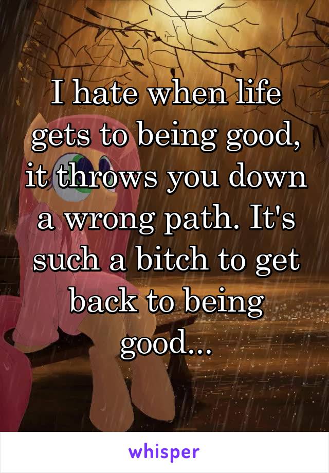 I hate when life gets to being good, it throws you down a wrong path. It's such a bitch to get back to being good...
