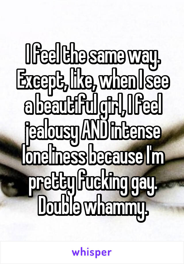 I feel the same way. Except, like, when I see a beautiful girl, I feel jealousy AND intense loneliness because I'm pretty fucking gay. Double whammy.