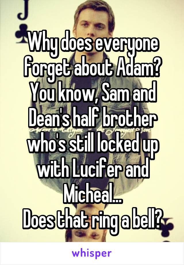 Why does everyone forget about Adam?
You know, Sam and Dean's half brother who's still locked up with Lucifer and Micheal...
Does that ring a bell?